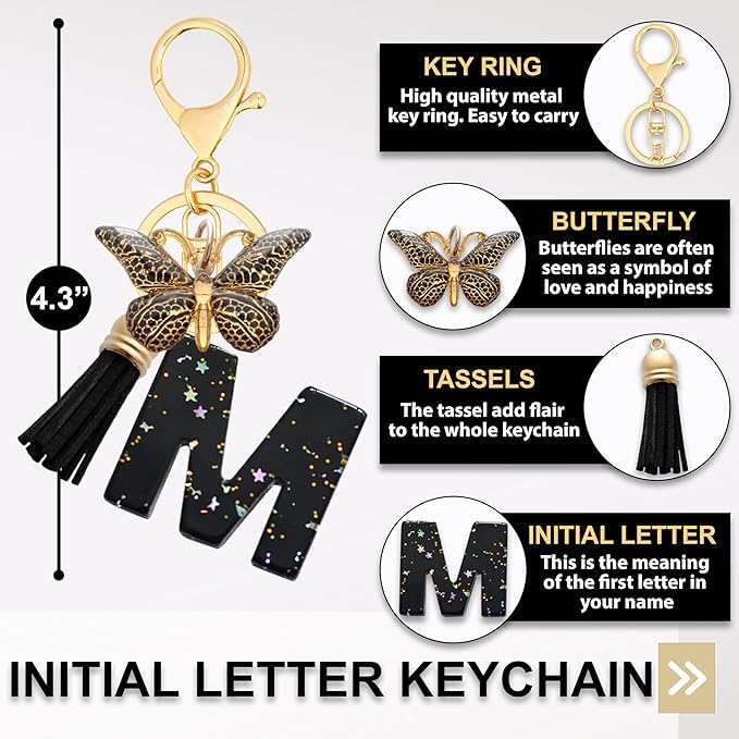 El Regalo Personalized Name Initials Butterfly Charm Keychain - Name Letter Keyring with Black & Golden Tassel & Butterfly Pendant, Purse, Bag, Backpack Accessory (M Letter)