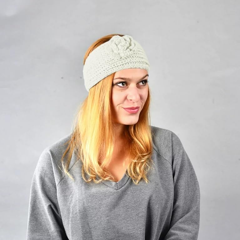 El Regalo's 1PC Winter Crochet Knitted Headwrap Headband with 3D flower & Button for Girls & Women- Ear Warmer Hair Muffs Band | Winter Designer Headbands for Teens & Women (White)