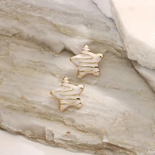 El Regalo Stainless Steel Star Stud Earrings for Girls & Women | Anti-Tarnish Gold Plated Cute Star Shape Enamel Contenporary Fashion Studs Earrings (Vanilla White)