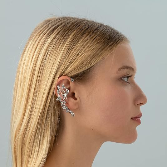 El Regalo 2PCS Butterfly Earrings Ear Cuffs Climber Wrap Around Earrings for Women/Girls- Fancy No Piercing Ear Clip Fairy Ear Jewelry (Silver)