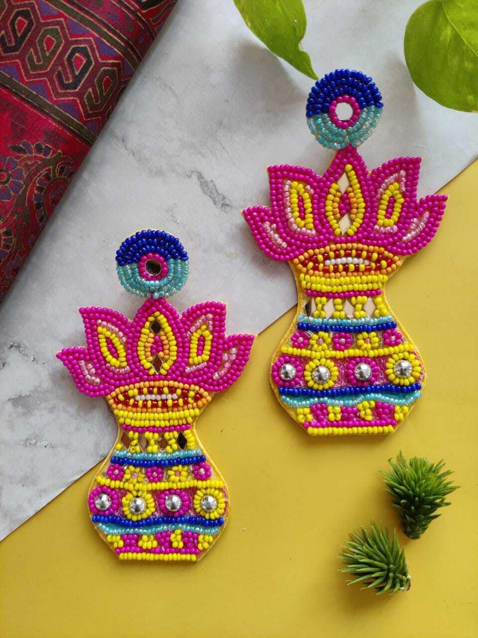El Regalo Seedbeads Big Kalash Earrings- Exquisite Shubh Kalash Ethnic Statement Stud Earrings for Weddings/Haldi/Mehndi Ceremonies Parties