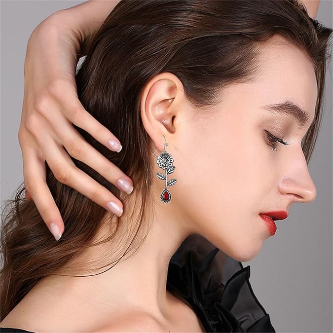 El Regalo Vintage Rose Red Crystal Silver Earrings- Trendy Vintage Bohemian Ethnic Flower Drop Statement Earrings for Women/Girls
