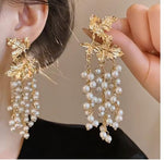 El Regalo Vintage Retro Pearl Tassel Earrings - Exaggerated Pearl Maple Leaf Tassel Earrings for Women & Girls