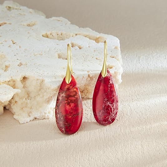 El Regalo Elegant Natural Stone Drop Earrings for Women | Vintage Teardrop Boho Dangle Earrings | Anti-Tarnish Western Statement Jewellery for Girls & Women (Red Gold)