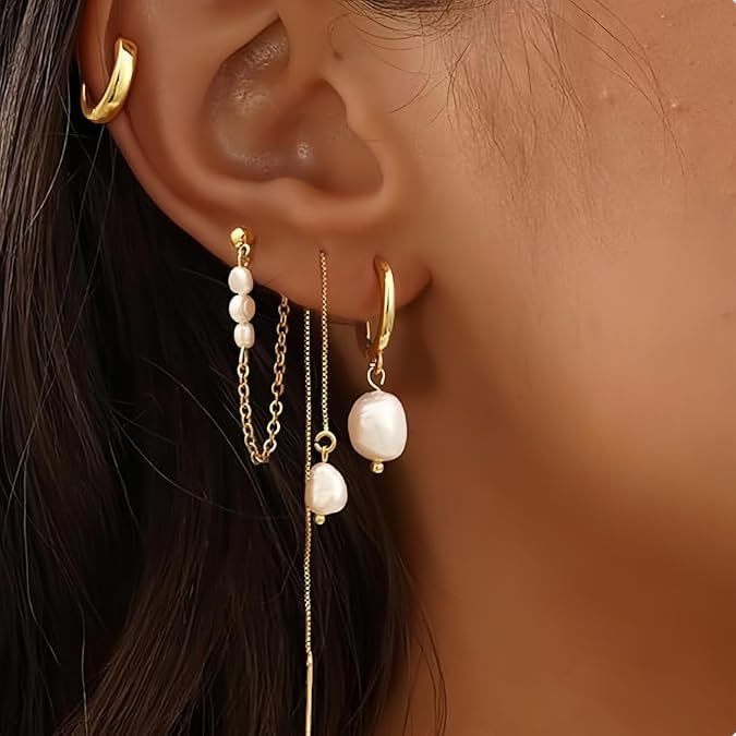 El Regalo 14K Gold Plated Pearl Drop & Huggie Hoop Earrings Combo Set for Women | 4 Pairs Anti-Tarnish Hypoallergenic Earring Stack for Multiple Piercings & Cartilage | Premium Aesthetic Jewellery Gift