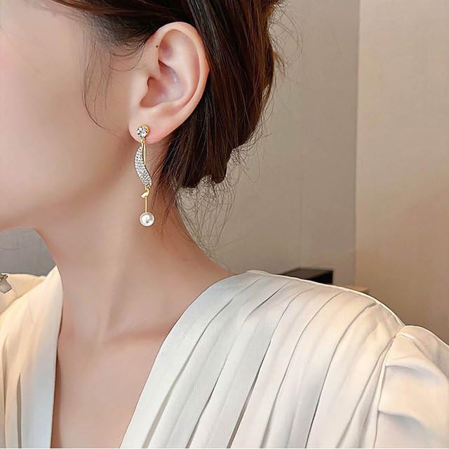 El Regalo Fancy Pearl Earrings- Pearl Zircon Inlaid Dangle Earrings for Girls & Women- Pearl Tassel Long Earrings (Pearl Tassel Ear Jacket)