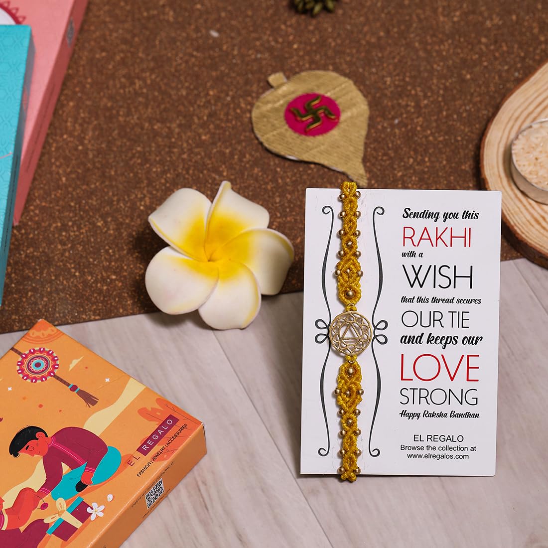 El Regalo 1PC Chakra Rakhi for Brother- Designer Chakra Reiki Healing Symbols Hand Braided Rakhi with shagun, Rakhi Card in Gift Box for Bhaiya/Bhabhi/Niece/Nephew (Solar Plexus Chakra)