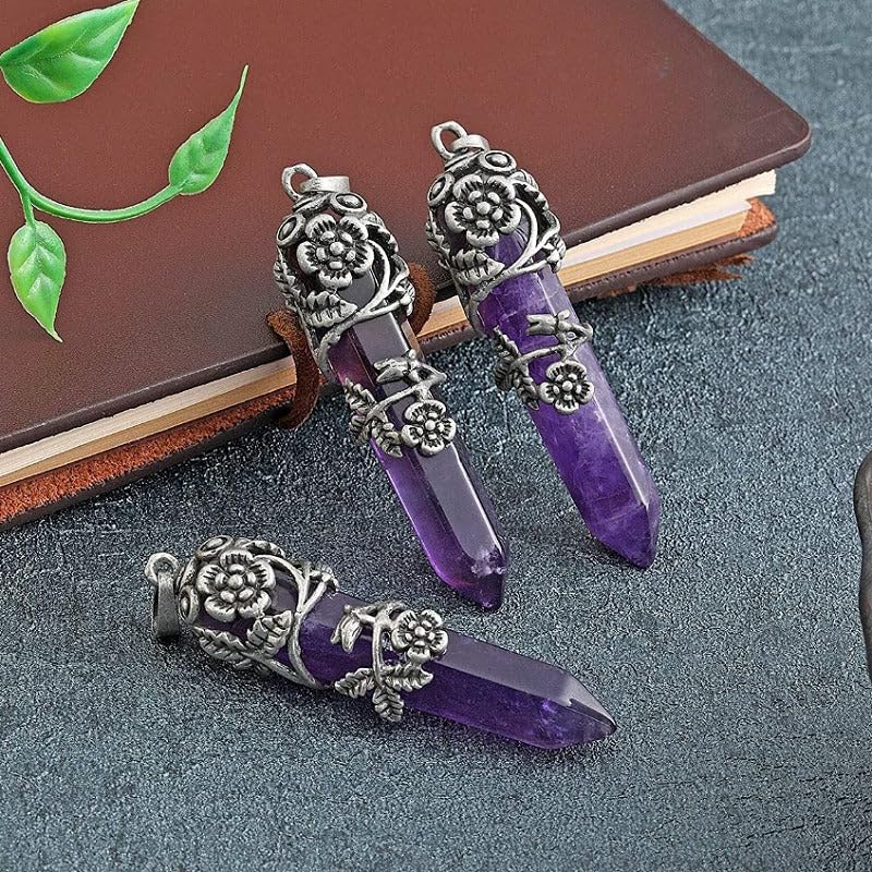 El Regalo 1PC Flower Wrapped Hexagonal Healing Natural Stones Point Pendant Unisex Necklace- Natural Stones Reiki Healing Crystals Necklace in Antique Silver Finish (Purple- Amethyst-Chain)
