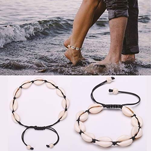 El Regalo Bohemian Style Cowrie Beads Shell Adjustable Anklet Bracelets for Girls & Women (Black)