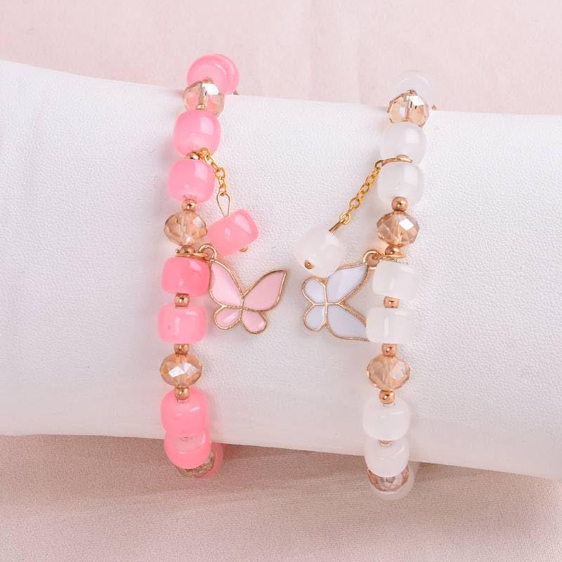 El Regalo 2 PCs Butterfly Crystal Beads Tassel Bracelet With Cute Enamel Butterfly Charms for Girls/Teens/Women (Color Option-1)