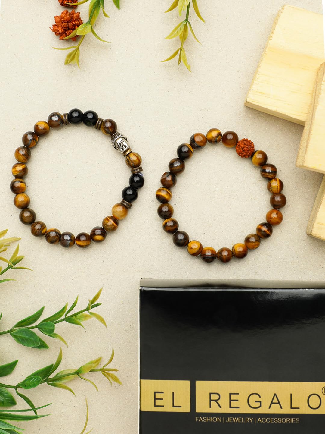 El Regalo 2 PCs Natural Tiger Eye Beads Stretch Unisex Bracelet for Men & Women with Hamsa Hand, Rudraksha, Elephant & Budhdha Charms (Rudraksha & Budhdha)