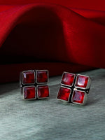 El Regalo 925 Silver Plated Oxidized Stud Earrings with Monalisha Stones - Square Bohemian Stud Earrings for Women - Tribal Antique Replica Earrings (Red)