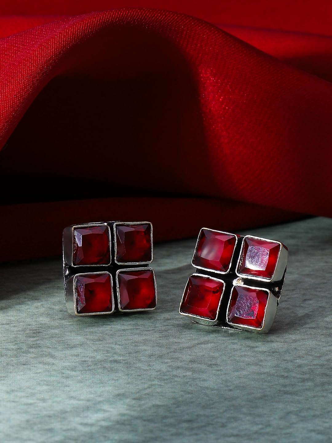 El Regalo 925 Silver Plated Oxidized Stud Earrings with Monalisha Stones - Square Bohemian Stud Earrings for Women - Tribal Antique Replica Earrings (Red)