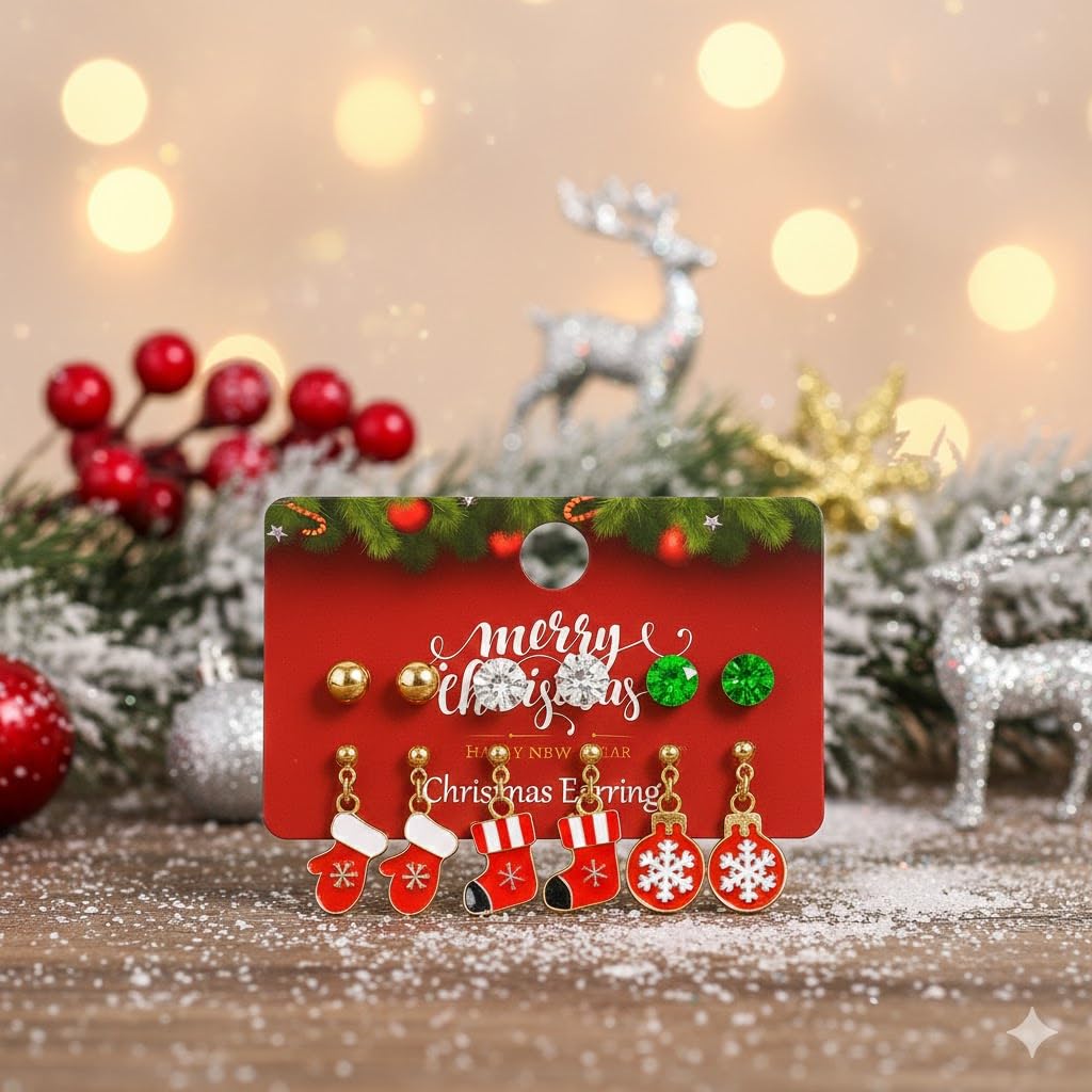 El Regalo 6 Pairs of Cute Christmas Earrings Set for Girls & Women- Xmas Charms Earrings with Tree, Santa, Snowman, Reindeer, Stars charms Stud & Dangle Earrings, Holiday & Secret Santa Gifts (Xmas Style-5)