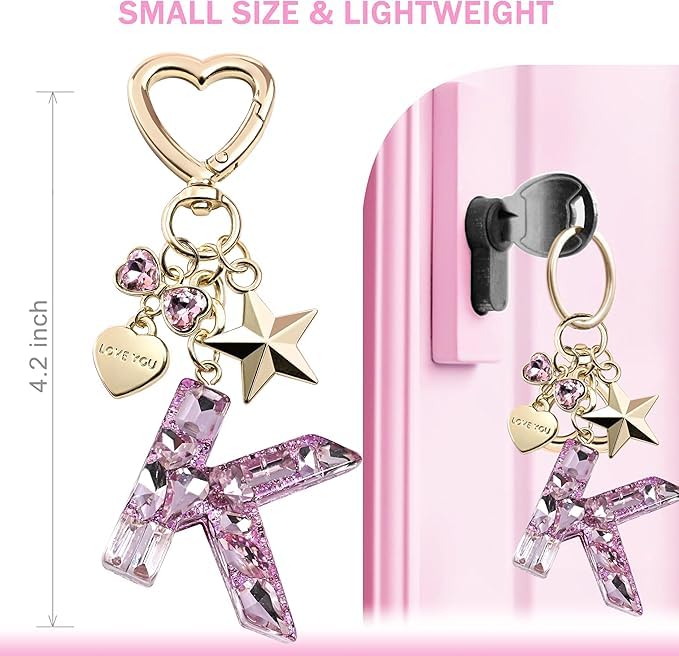 El Regalo Personalized Glitter Initial Letter Keychain for Girls & Women - Cute Pink Resin Alphabet Keyring with Heart & Star Charms - Fancy Luxury Bag Accessory & Birthday Gift (Letter K)
