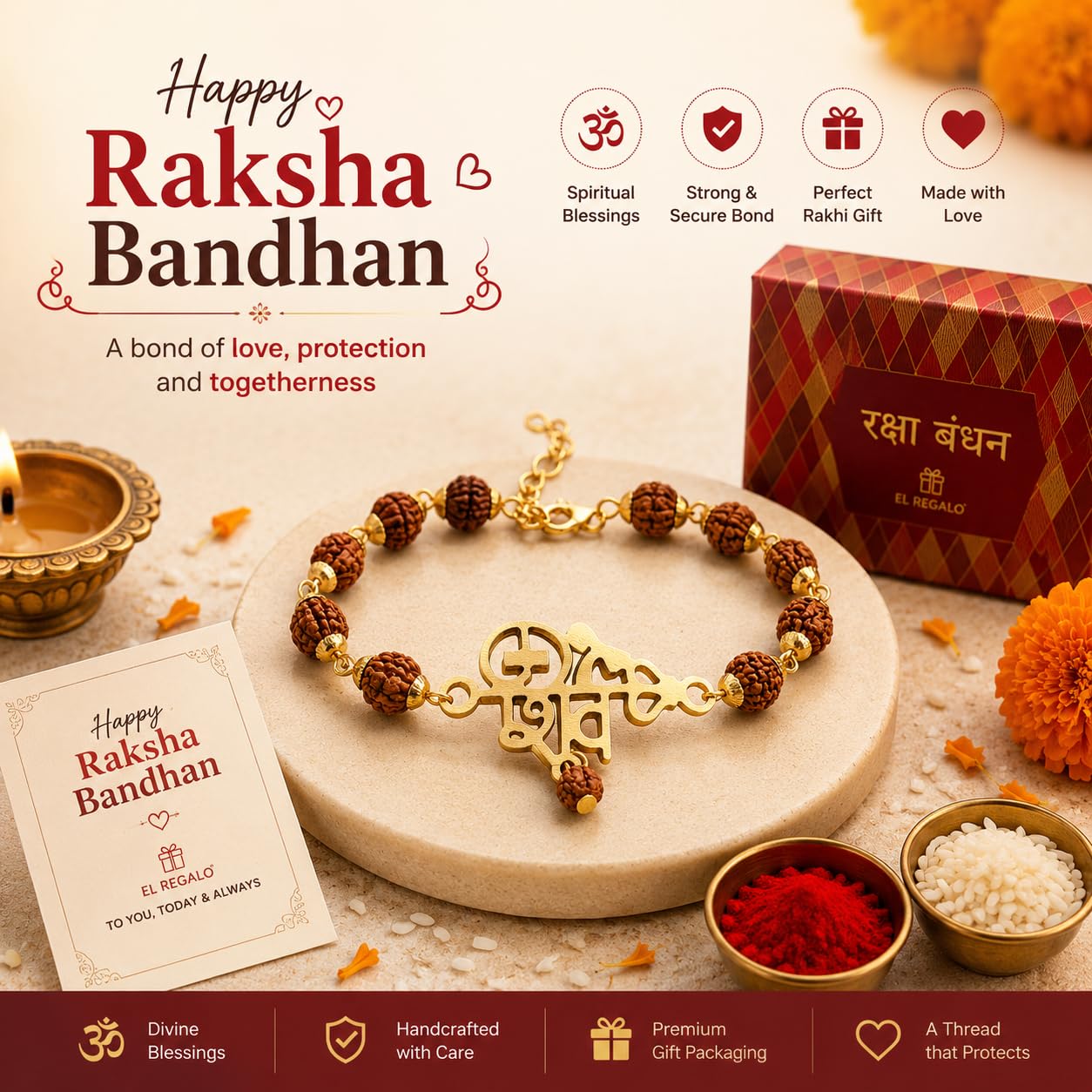 El Regalo Rudraksha Rakhi for Brother- Rudraksha Beads Rakhi Gift Box with shagun & Message Card for Bhai/Nephew (Shiva)