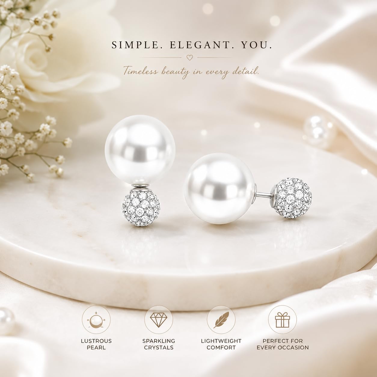 El Regalo's Double Sided 2 Ways Disco Ball Pearl Stud Earrings for Women | Reversible Front Back Ball Earrings | Crystal Rhinestone Back | Fashion Jewelry for Girls (White Pearl)