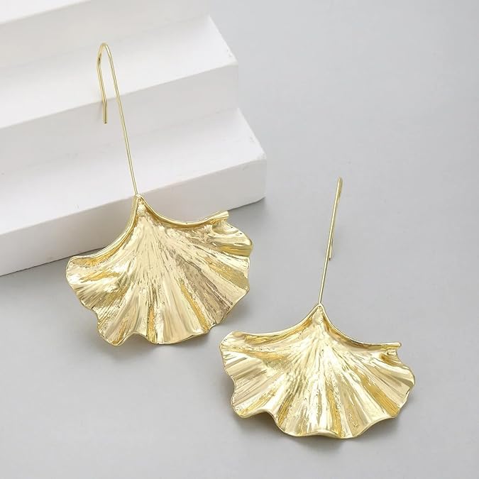 El Regalo Big & Bold Ginkgo Leaf Drop Dangle Earrings - Fashionable Fall Maple Leaf Boho Earrings for Women & Girls, Classy Statement Jewelry (Gold)