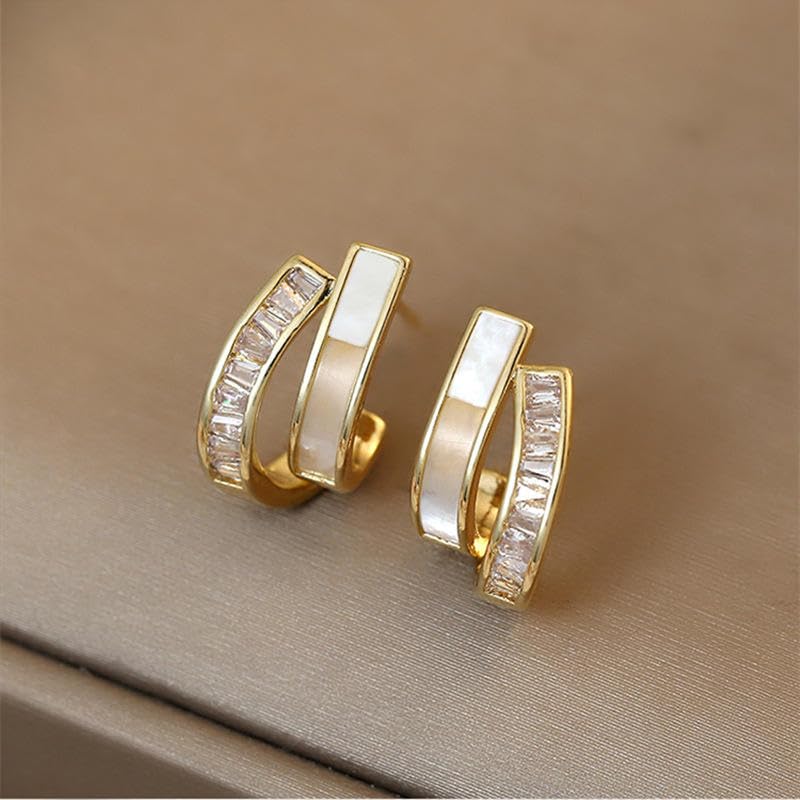 El Regalo Double Row C-Hoop Earrings for Women & Girls | Hypoallergenic Geometric Studs | Cubic Zirconia & Enamel/Shell Inlay | Elegant Daily, Office & Party Earrings Jewellery (White)