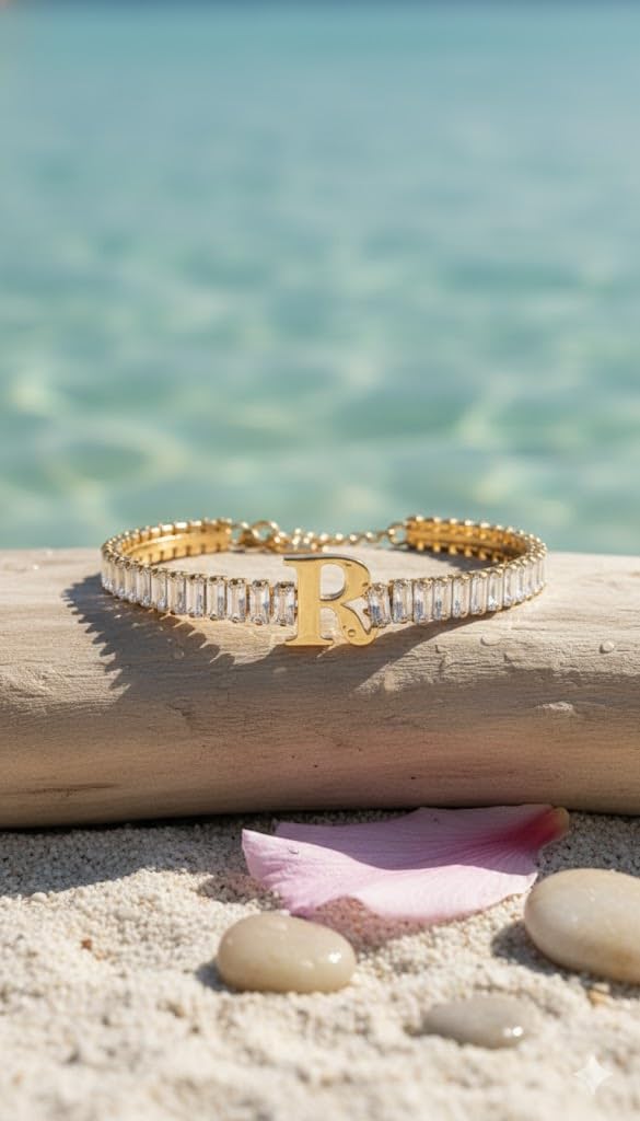 El Regalo Personalized Initial Letter Bracelet for Women | Gold Finish Tennis Bracelet with Alphabet Charm | Adjustable Stainless Steel Zircon Bracelet | Anti Tarnish Jewelry (R Letter)