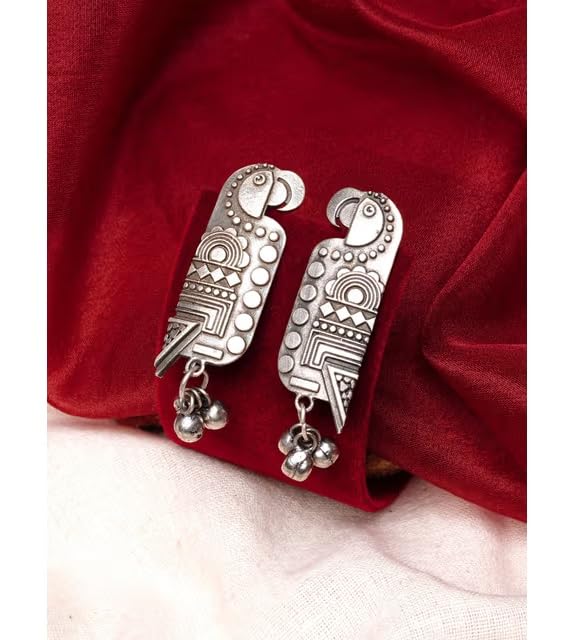 El Regalo Oxidized Bird Ghungroo Stud Earrings- Silver Lookalike Parrot Bird Handcrafted Statement Earrings