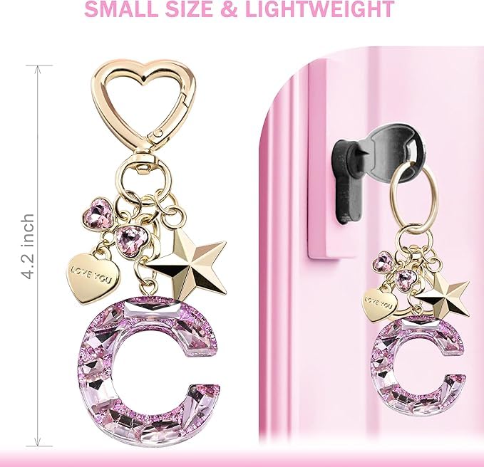 El Regalo Personalized Glitter Initial Letter Keychain for Girls & Women - Cute Pink Resin Alphabet Keyring with Heart & Star Charms - Fancy Luxury Bag Accessory & Birthday Gift (Letter C)
