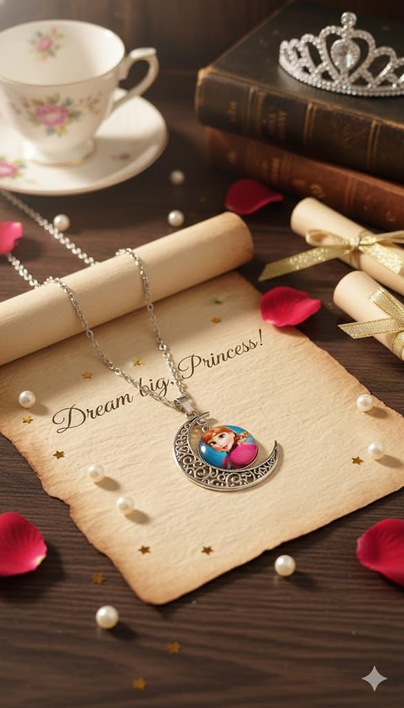 El Regalo Princess Crescent Moon Pendant Necklace for Girls- Enchanted Fairytale Character Jewelry with Filigree Detail, Silver-Tone Chain, Perfect Birthday Return Gift or Party for Toddlers and Kids (Style-5)