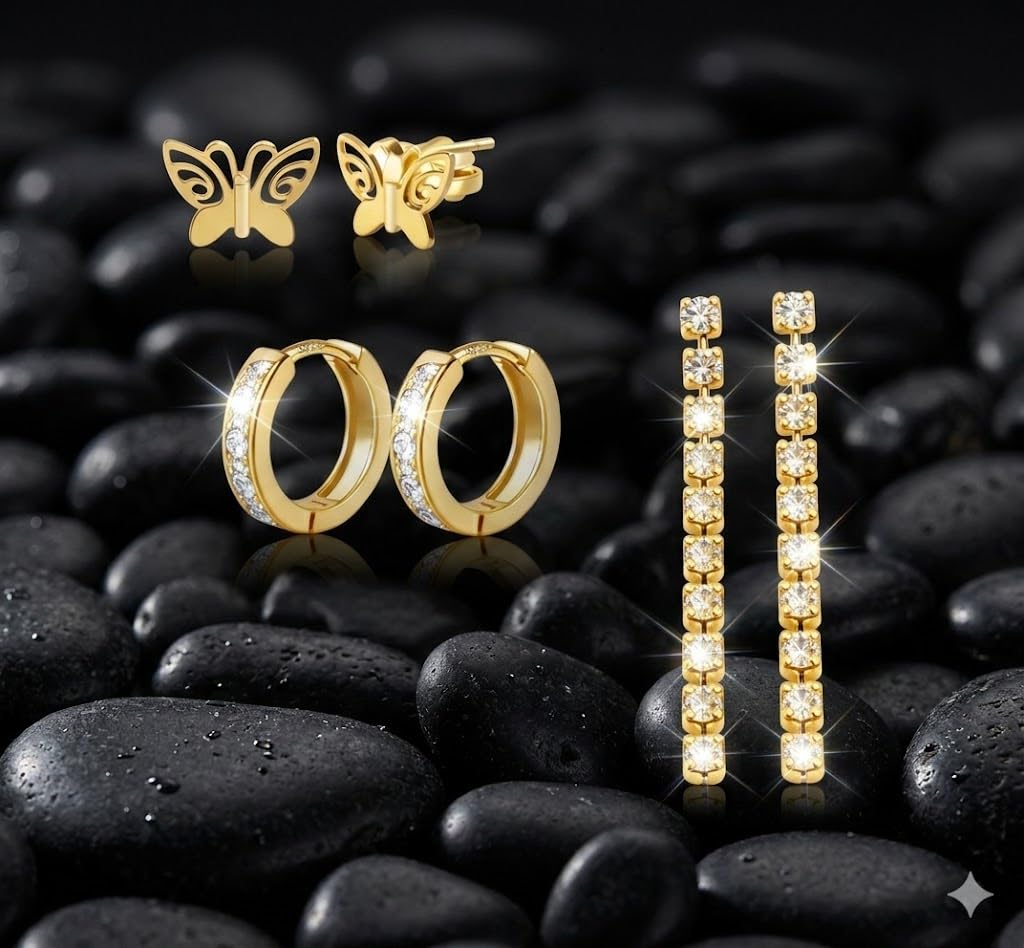 El Regalo Luxury 3 Pairs Earrings Combo Set for Girls & Women | 18K Gold Plated Anti-Tarnish Evil Eye & Clover Motif Earrings | Western Jewelry for Office, Party & Casual Style (Style-7)
