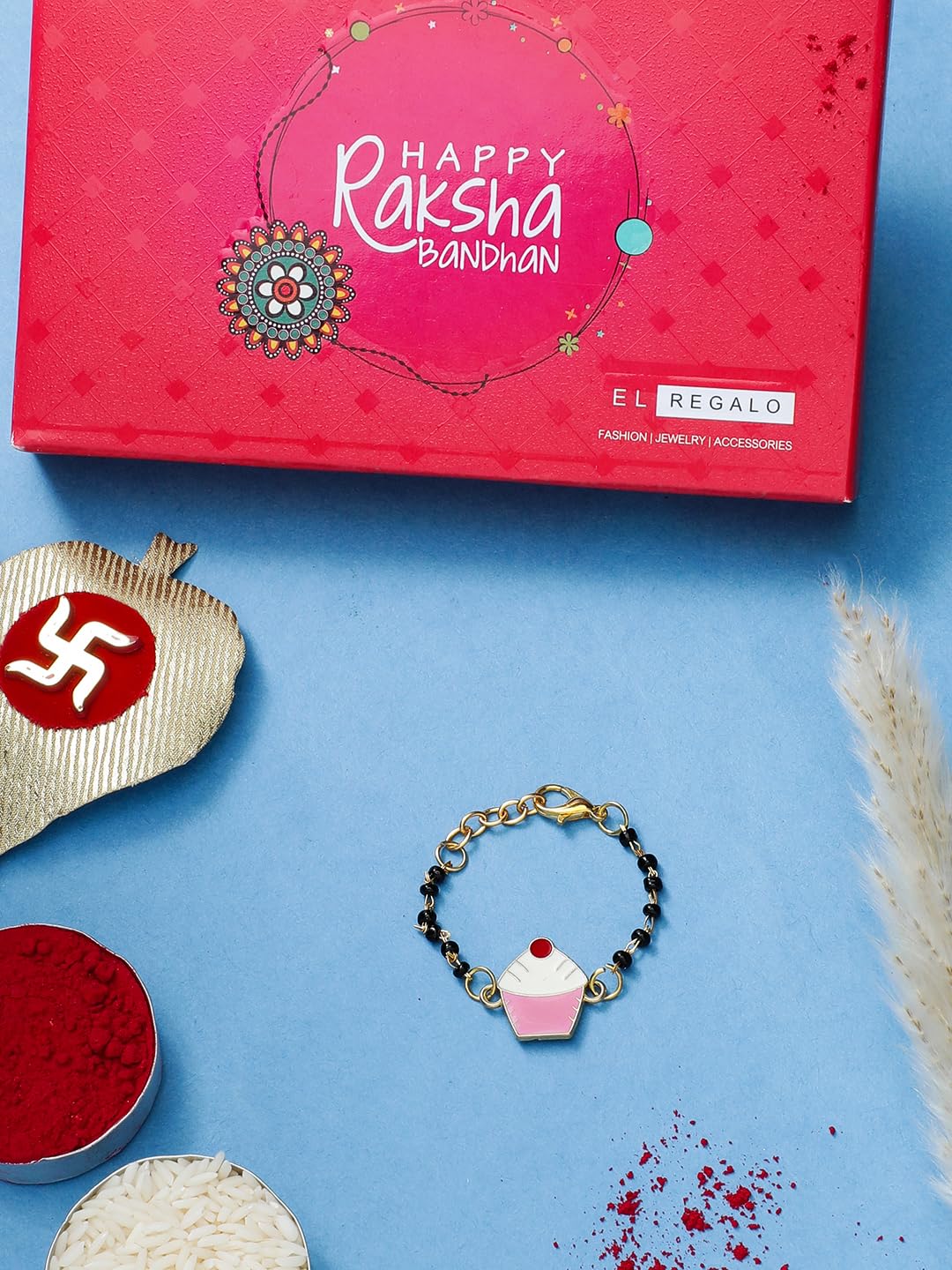 El Regalo Cute Evil Eye Nazaria Bracelet Rakhi for Babies/Kids with Roli Chawal, Rakhi Message card in Rakhi Gift Box- Baby Nazaria Rakhi (Cup Cake Nazaria Rakhi)