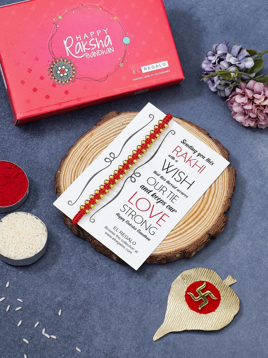 El Regalo Unisex Adult 2PCs Simple, Minimalist Beaded Bracelet Rakhi for Brothers/Bhai- Bhabhi with Roli-Chawal, Rakhi Card in Rakhi Gift Box (Red & Black Golden)