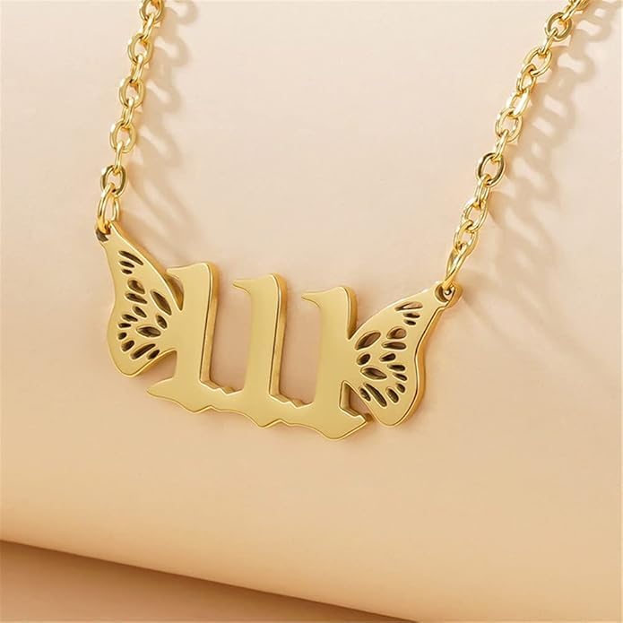 El Regalo Small Butterfly Wings Angel Number Necklace- Stainless Steel, Anti Tarnish, Angel Number Numerology Jewelry for Women & Girls (Angel Number 444)