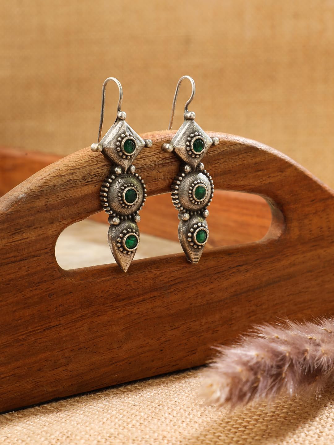El Regalo Womens "Trikoni" Handcrafted Silver Lookalike Oxidized Brass Earrings - Antique Silver Finish - Elegant and Timeless Design (Green)