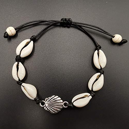El Regalo Bohemian Cowrie Beads Adjustable Anklet Bracelets for Girls & Women (Black with Shell Charm)