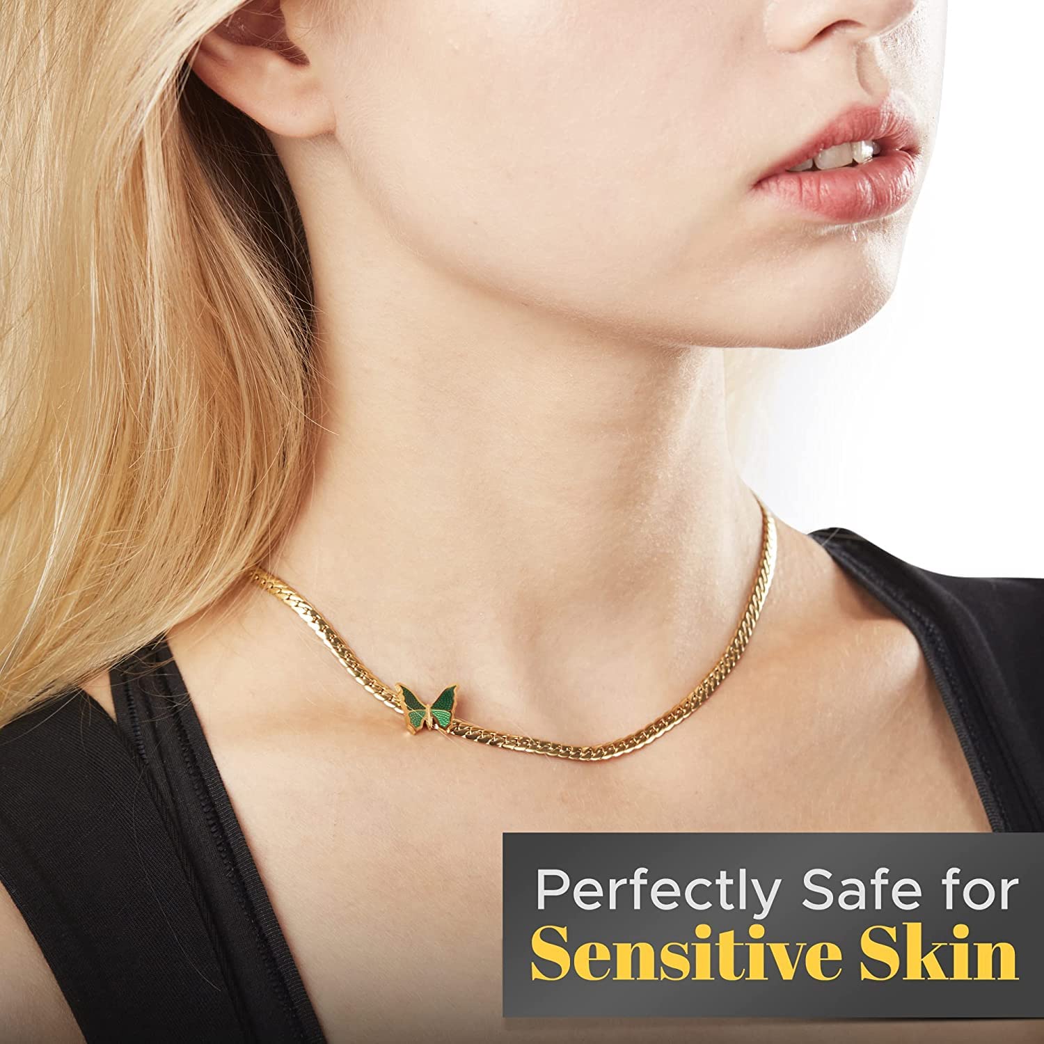 El Regalo 18K Gold Waterproof Vintage Green Enamel Butterfly Choker Cuban Chain Necklace- Stainless Steel NO RUST/ANTI TARNISH Butterfly Flat Snake Chain Necklace for Girls & Women