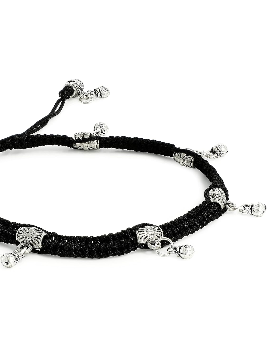 El Regalo 1 PC Boho Macrame Adjustable Oxidized German Silver Bead Nazabattu Anklet for Girls & Women- 1 Leg Bohemian Tribal Thread Anklet (Ghungroo Anklet)