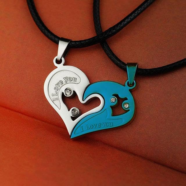 El Regalo 2PCs Stainless Steel Love Heart CZ I Love You Puzzle Matching Couple Pendant Necklaces- Anti Tarnish Best Friend Heart Necklaces for Girls/Boys/Men/Women/Besties (Silver & Blue Hearts)