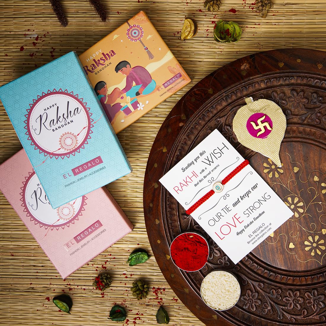El Regalo Fancy Red Evil Eye Rakhi for Brother/Bhai- Designer Evil Eye Rakhi for Brother with Roli Chawal, Rakhi Message Card in Rakhi Gift Box (White Evil Eye)