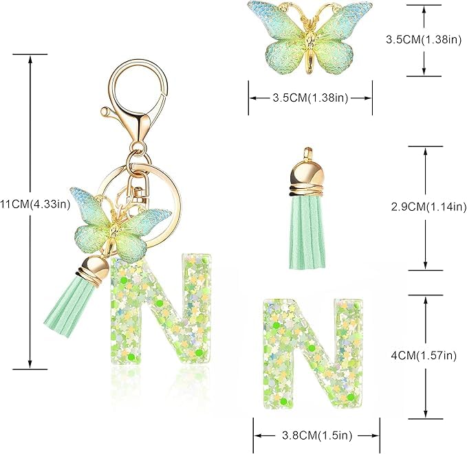 El Regalo Personalized Name Initials Butterfly Charm Keychain - Name Letters Keyring with Green Butterfly & Stars Filled Resin & Tassel Pendant, Purse, Bag, Backpack Accessory (Letter N)