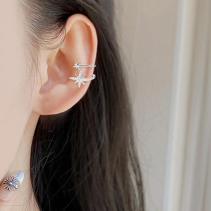El Regalo Non Piercing, Zircon Stars Ear Cuffs- Fancy Helix Cartilage Clip On Wrap Cuff/Cartilage Earrings for Girls/Women