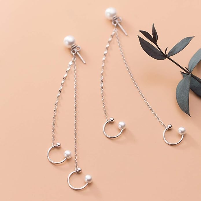 El Regalo Women's 1 Pair Pearl Studs Ear Cuff Earrings- Tassel Chain Imitation Pearl Punk Style Ear Cuff Clip Earrings