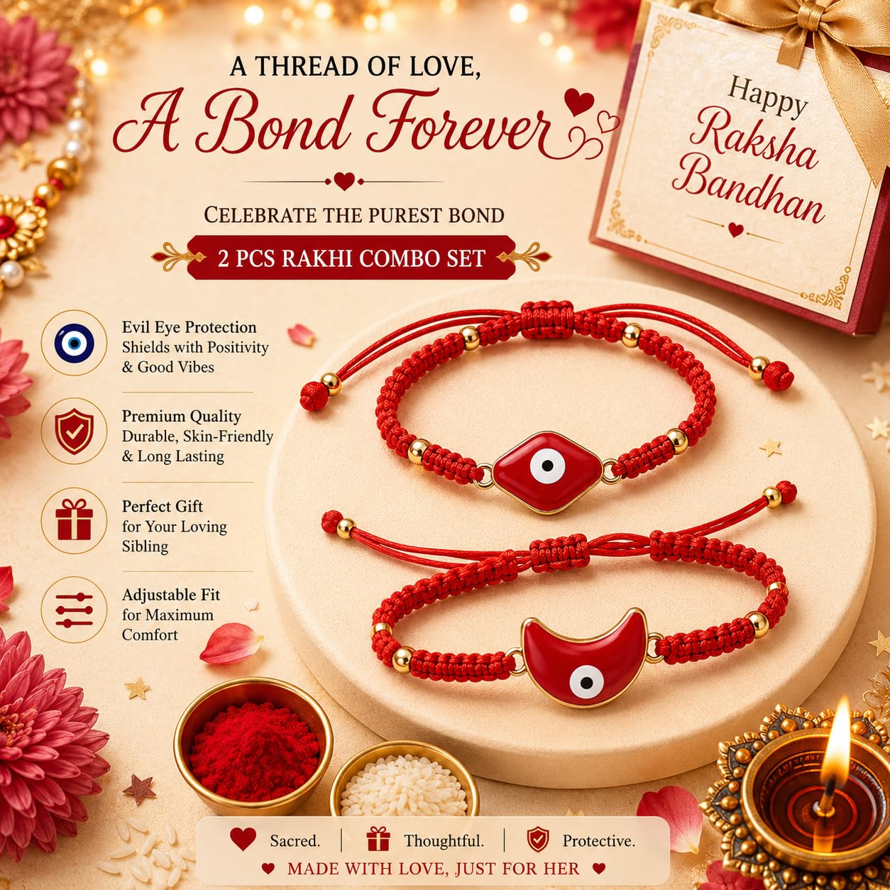 El Regalo Lucky Kabbalah Blue Turkish Evil Eye Hamasa Hand Red Macrame Rakhi Set for Bhaiya & Bhabhi (Star Turkish Evil Eye Stones)
