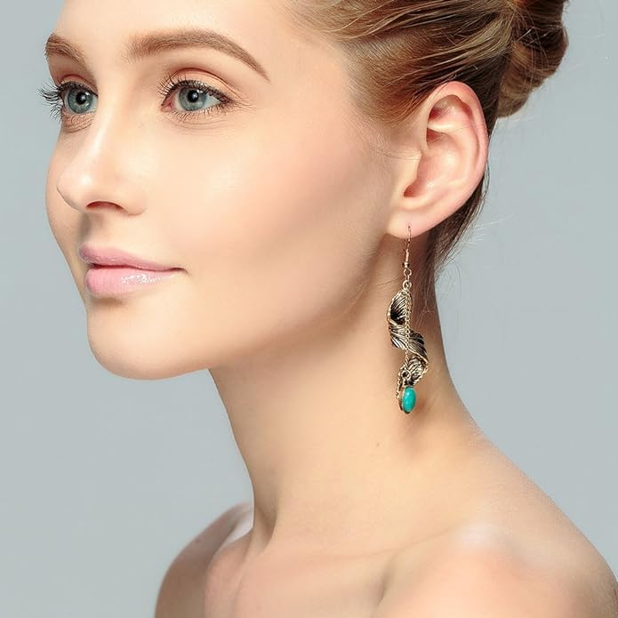 El Regalo Retro Imitation Turquoise Feather Vintage Tassel Earrings for Women- Gypsy Earrings Hippie Chic Boho Spiral Feather Earrings