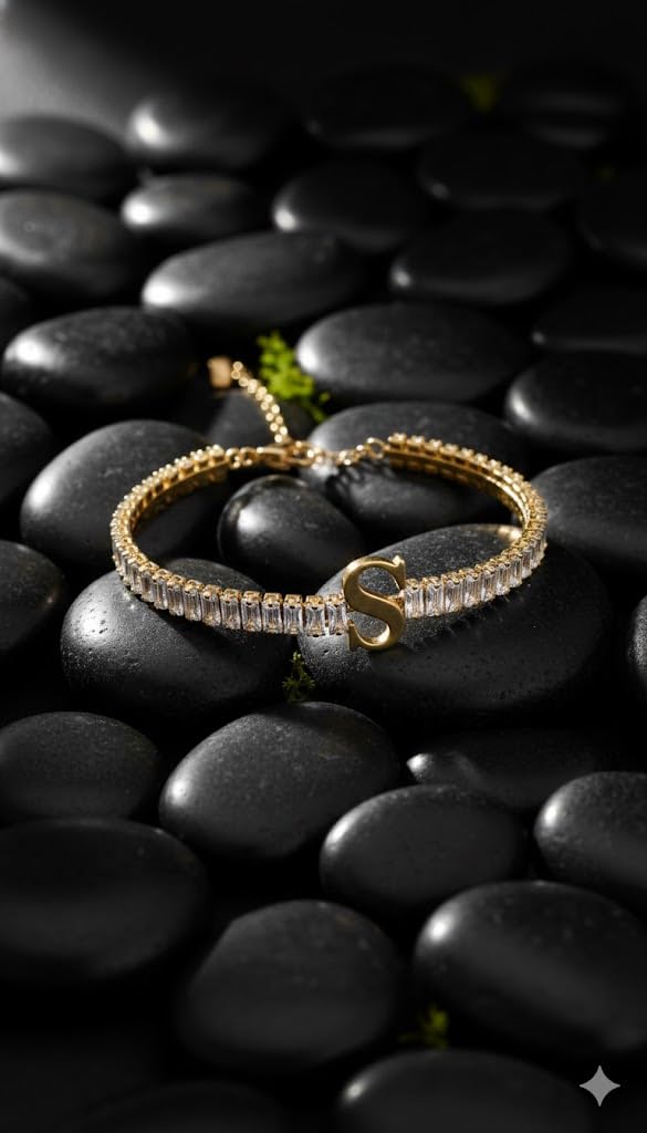 El Regalo Personalized Initial Letter Bracelet for Women | Gold Finish Tennis Bracelet with Alphabet Charm | Adjustable Stainless Steel Zircon Bracelet | Anti Tarnish Jewelry (S Letter)