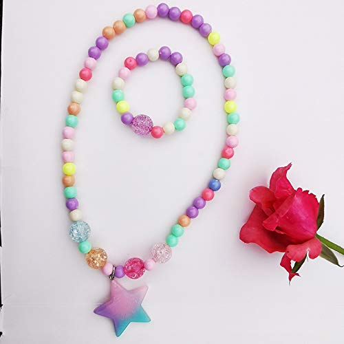 El Regalo 1 Pair Girls Kids Colorful Jewelry Sets | Colorful Princess Star/Mermaid Beaded Necklace & Bracelet Sets, Princess Necklace Bracelet Set