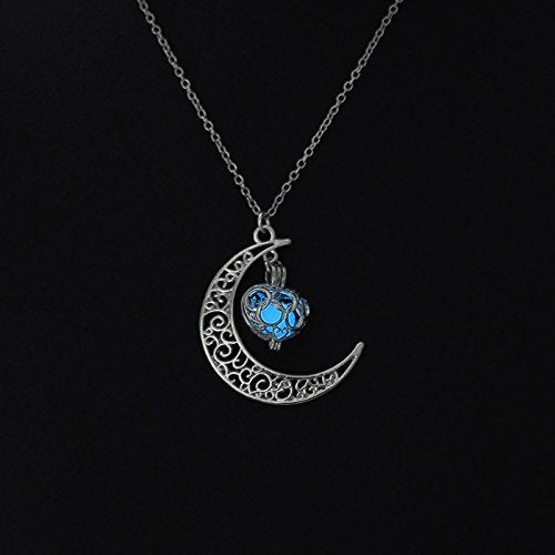 El Regalo Valentine's day gift-Glow In The Dark Moon with hanging Heart Pendant Necklace | Frozn Forest 925 Silver Plated Girls Pendant Necklace