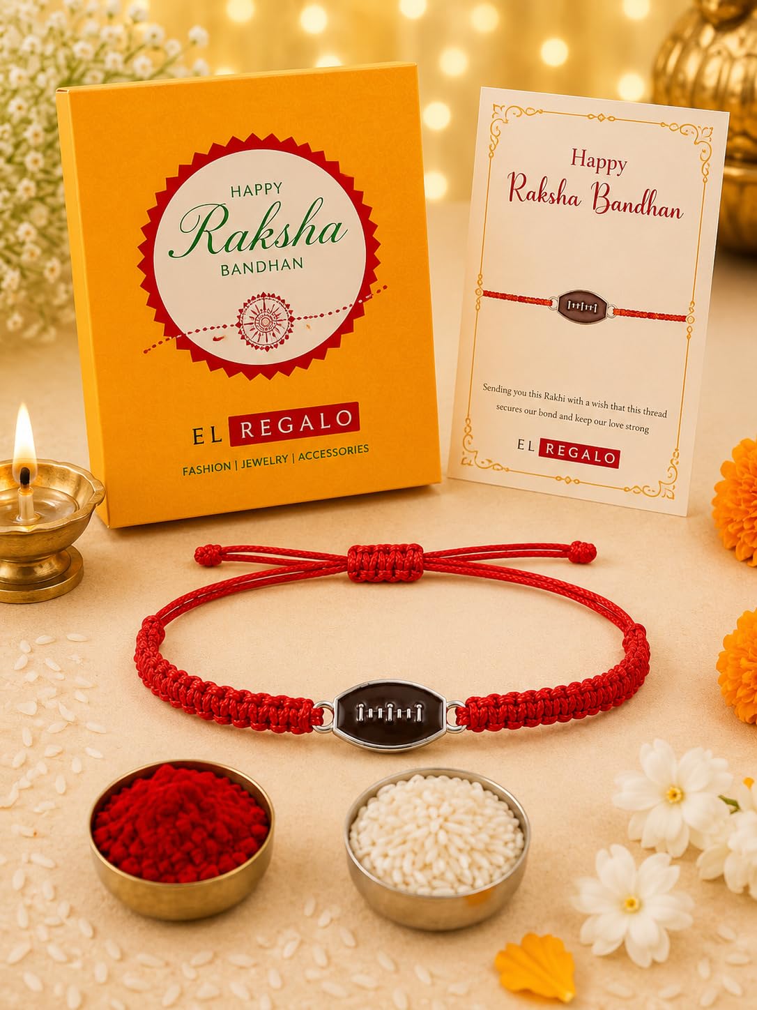 El Regalo 1PC Sports Balls Rakhi for Brother- Cute & Fancy Balls Bracelet Rakhi for Sports Lover Brother with Roli Chawal in Rakhi Gift Box (American Football)