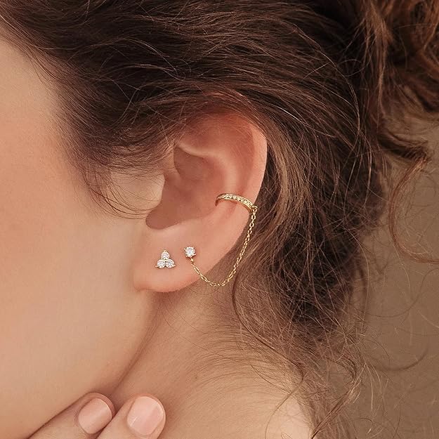 El Regalo Classy CZ Stud Chain Climber Crawler Cuff Earrings for Women, Fancy Minimalist Dainty Ear Cuffs with Link Chain, Non-Pierced Cartilage Helix Wrap Jewelry Gift (Gold)