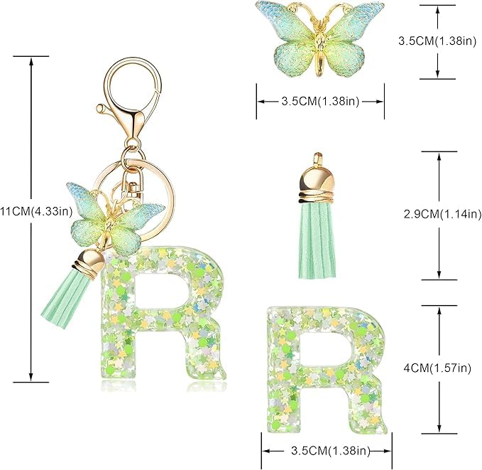 El Regalo Personalized Name Initials Butterfly Charm Keychain - Name Letters Keyring with Green Butterfly & Stars Filled Resin & Tassel Pendant, Purse, Bag, Backpack Accessory (Letter R)