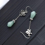 El Regalo Women's & Girl's Silvery Classical Lotus Faux Jade Tassel Earrings- Retro Ethnic Style Lotus Earrings in Antique Silver Finish