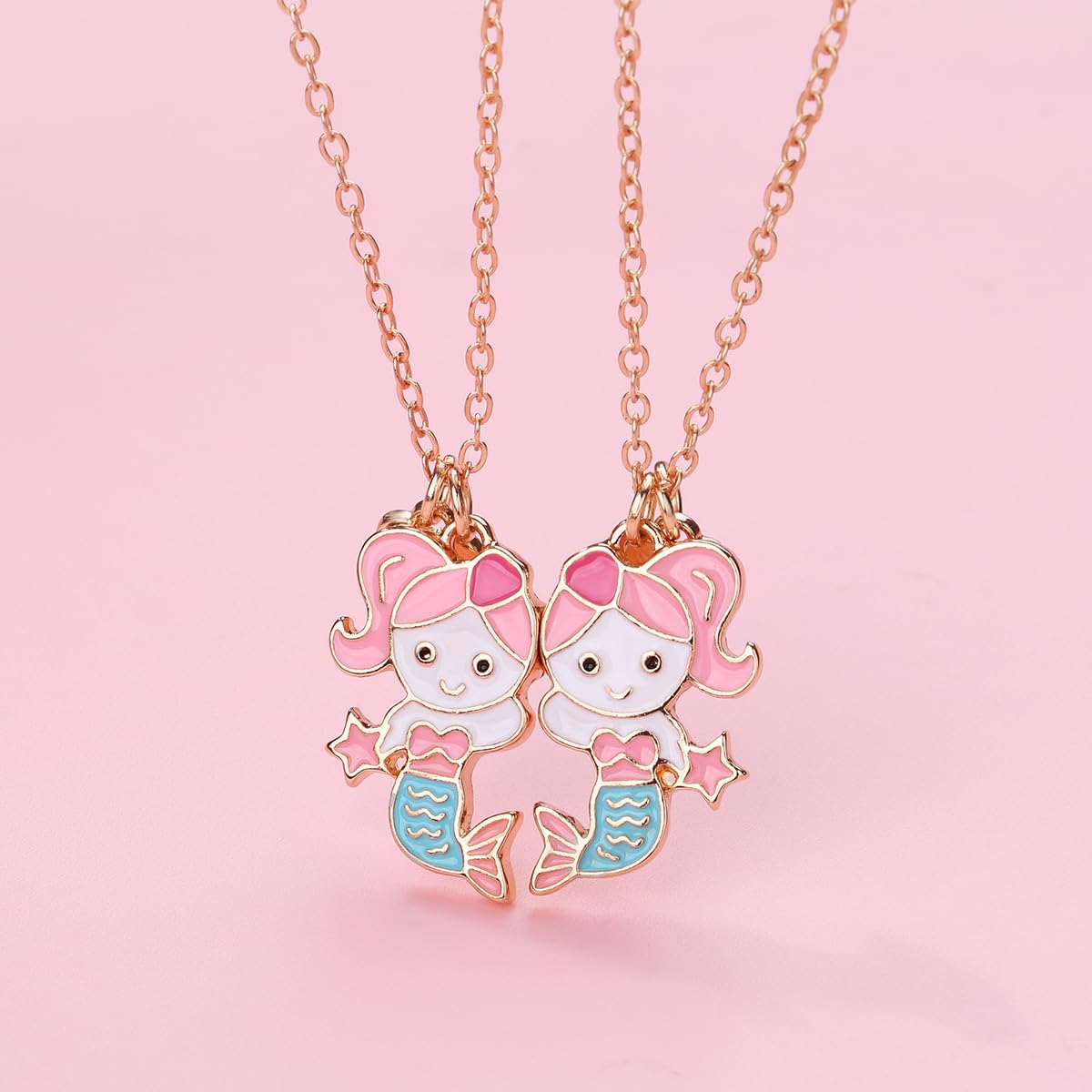 El Regalo 2 PCs BFF Best Friend Forever Mermaid Princess Split Magnetic Matching Pendant Necklaces Set- Friendship Day Gift for Girls/Kids/Teens (Golden Mermaids)